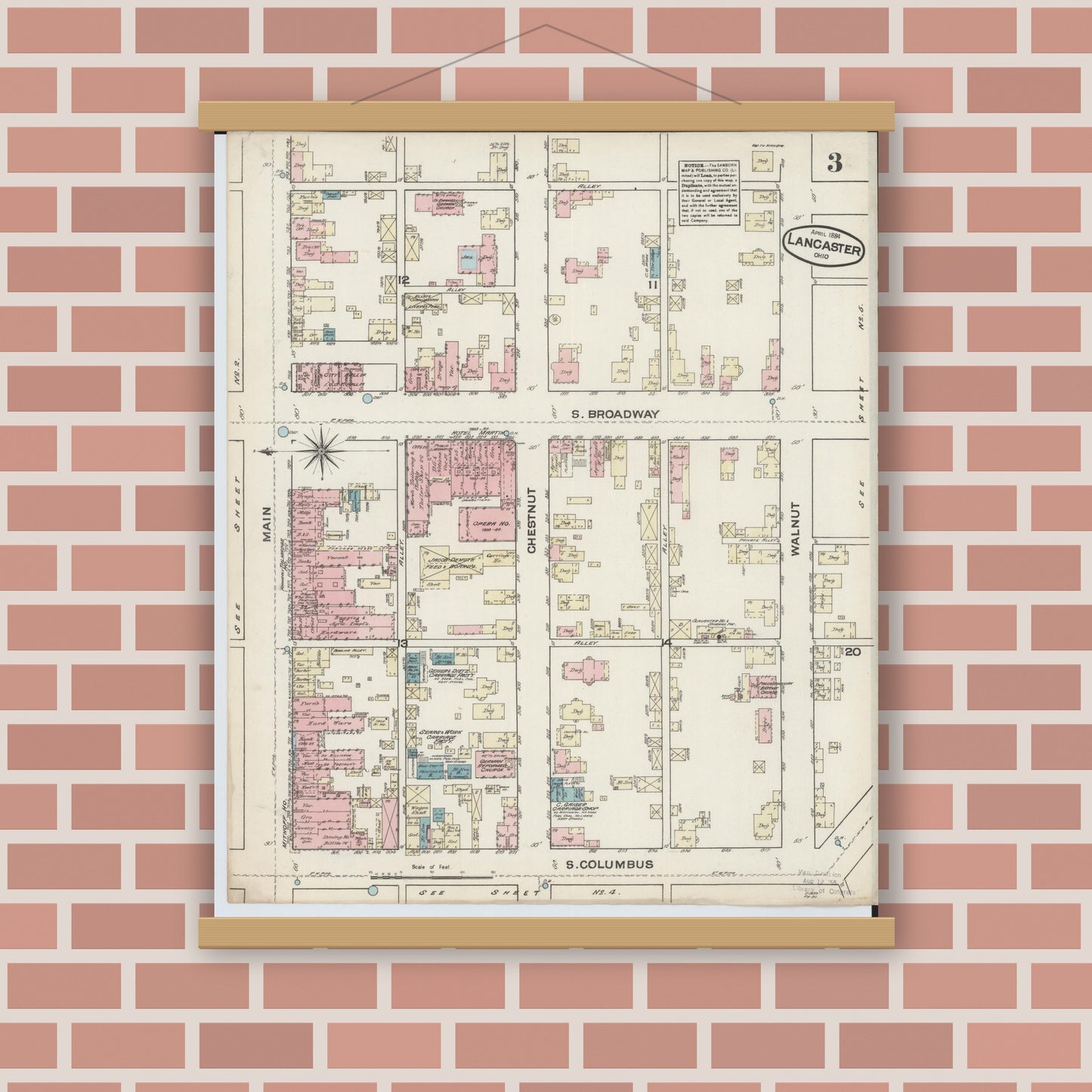 Old map wall art mockup — magnetic wood frame on brick wall — Sanborn Fire Insurance Map from Lancaster, Fairfield County, Ohio (1884), Sheet #0003