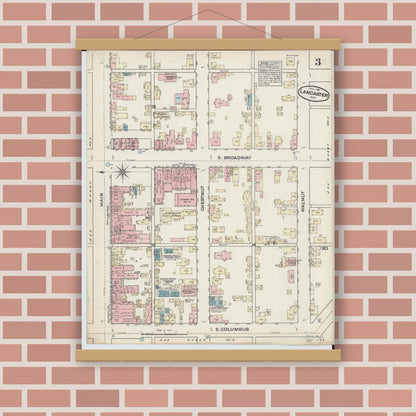 Old map wall art mockup — magnetic wood frame on brick wall — Sanborn Fire Insurance Map from Lancaster, Fairfield County, Ohio (1884), Sheet #0003