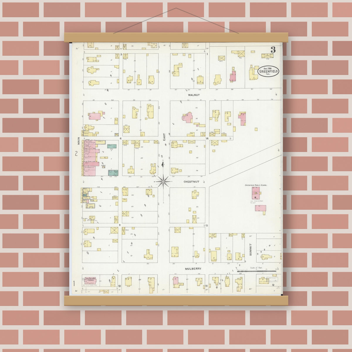 Old map wall art mockup — magnetic wood frame on brick wall — Sanborn Fire Insurance Map from Greenfield, Greene County, Illinois (1906), Sheet #0003