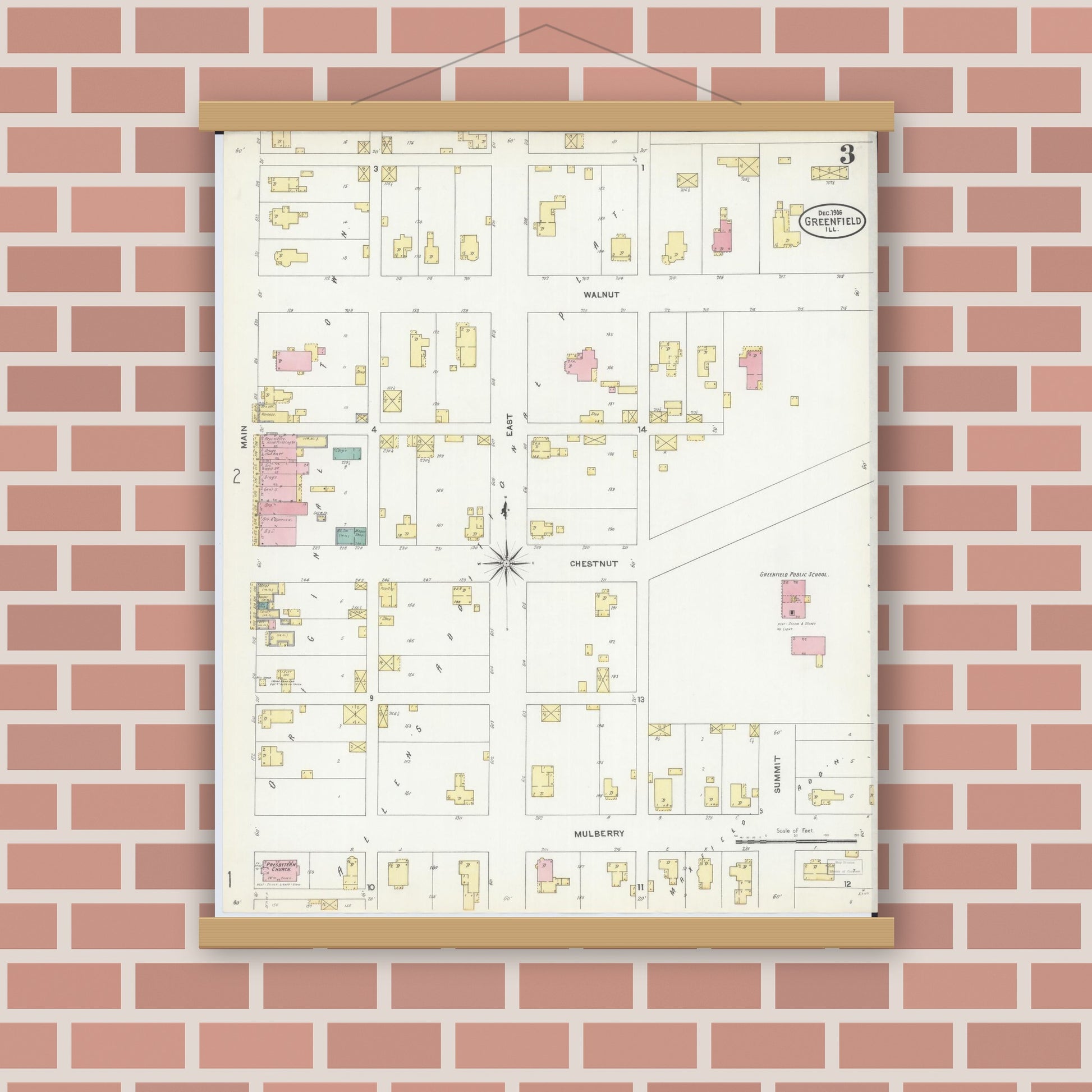Old map wall art mockup — magnetic wood frame on brick wall — Sanborn Fire Insurance Map from Greenfield, Greene County, Illinois (1906), Sheet #0003