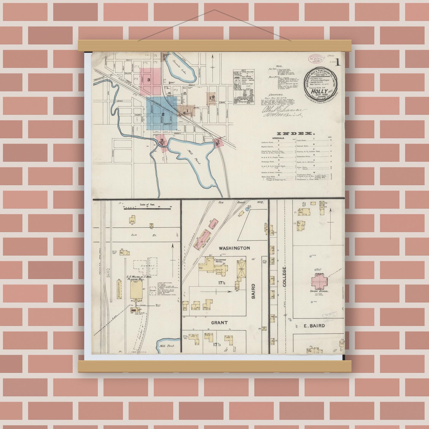 Old map wall art mockup — magnetic wood frame on brick wall — Sanborn Fire Insurance Map from Holly, Oakland County, Michigan (1888) - Complete Map Set