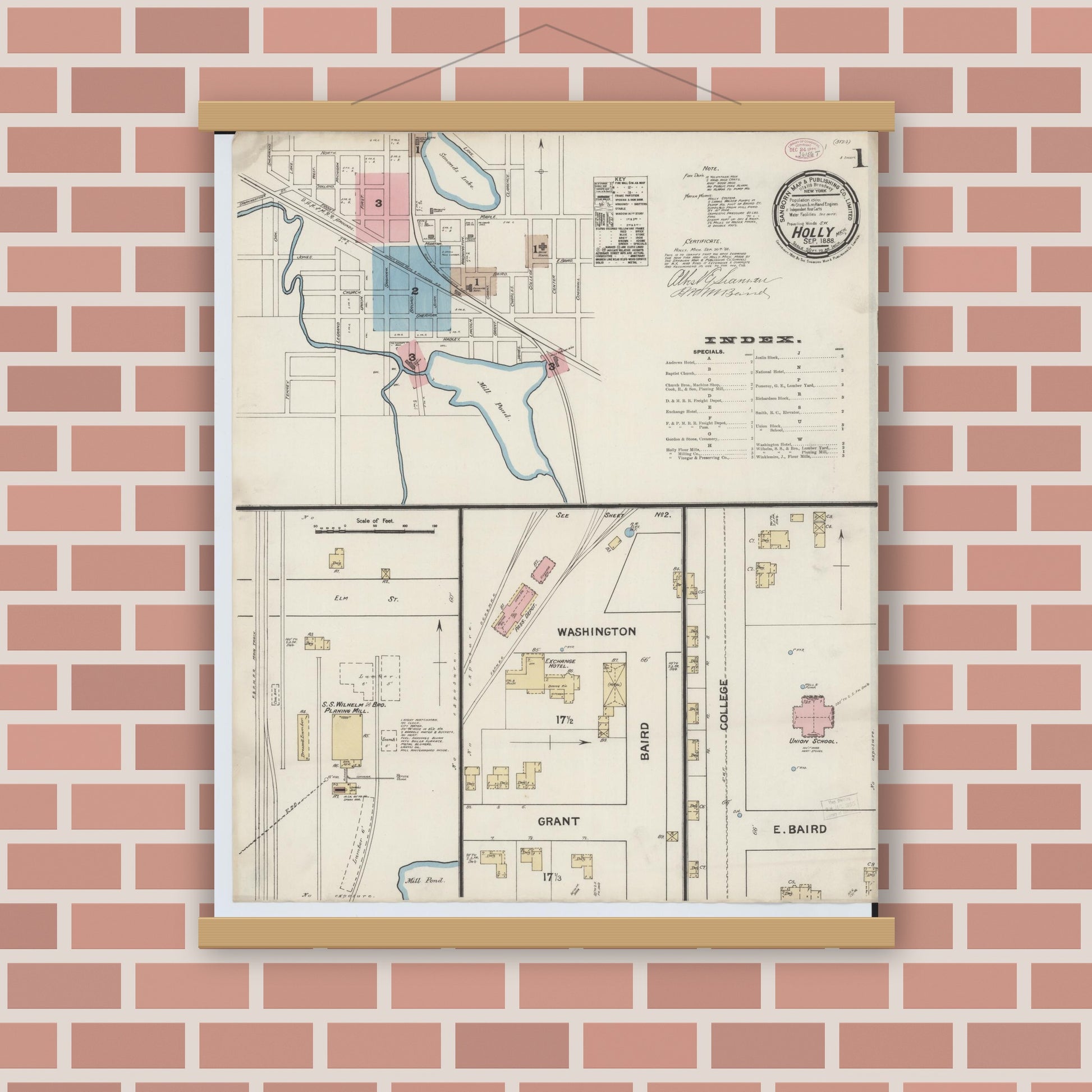 Old map wall art mockup — magnetic wood frame on brick wall — Sanborn Fire Insurance Map from Holly, Oakland County, Michigan (1888) - Complete Map Set
