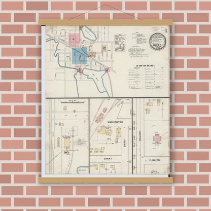 Old map wall art mockup — magnetic wood frame on brick wall — Sanborn Fire Insurance Map from Holly, Oakland County, Michigan (1888) - Complete Map Set