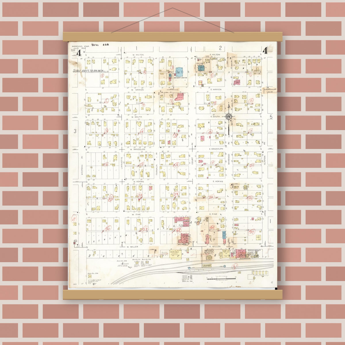 Old map wall art mockup — magnetic wood frame on brick wall — Sanborn Fire Insurance Map from Marengo, Iowa County, Iowa (1942), Sheet #0004