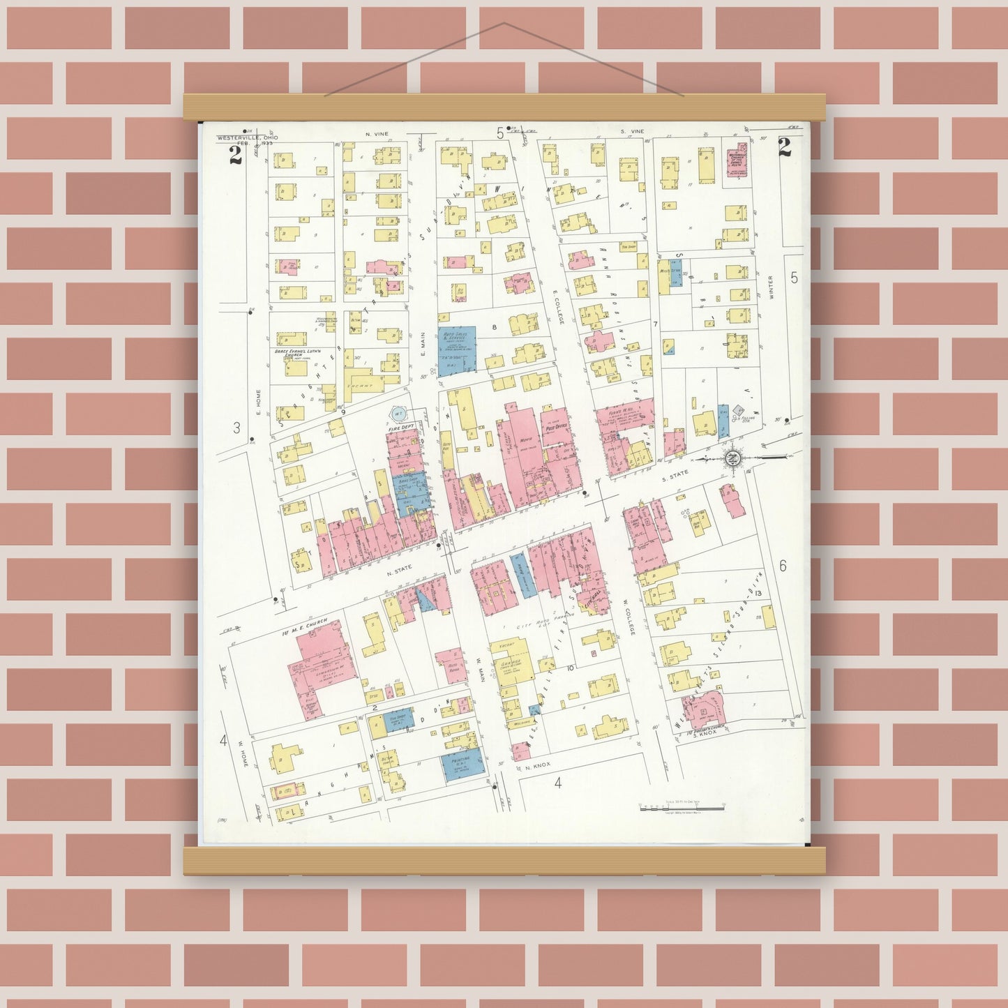 Old map wall art mockup — magnetic wood frame on brick wall — Sanborn Fire Insurance Map from Westerville, Franklin County, Ohio (1933), Sheet #0002