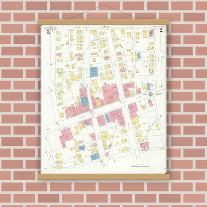 Old map wall art mockup — magnetic wood frame on brick wall — Sanborn Fire Insurance Map from Westerville, Franklin County, Ohio (1933), Sheet #0002