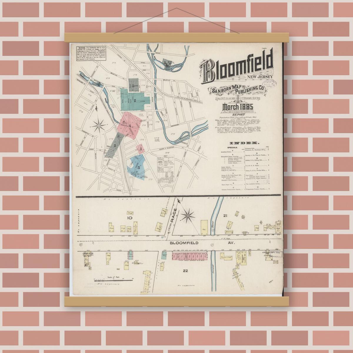 Old map wall art mockup — magnetic wood frame on brick wall — Sanborn Fire Insurance Map from Bloomfield, Essex County, New Jersey (1885), Sheet #0001