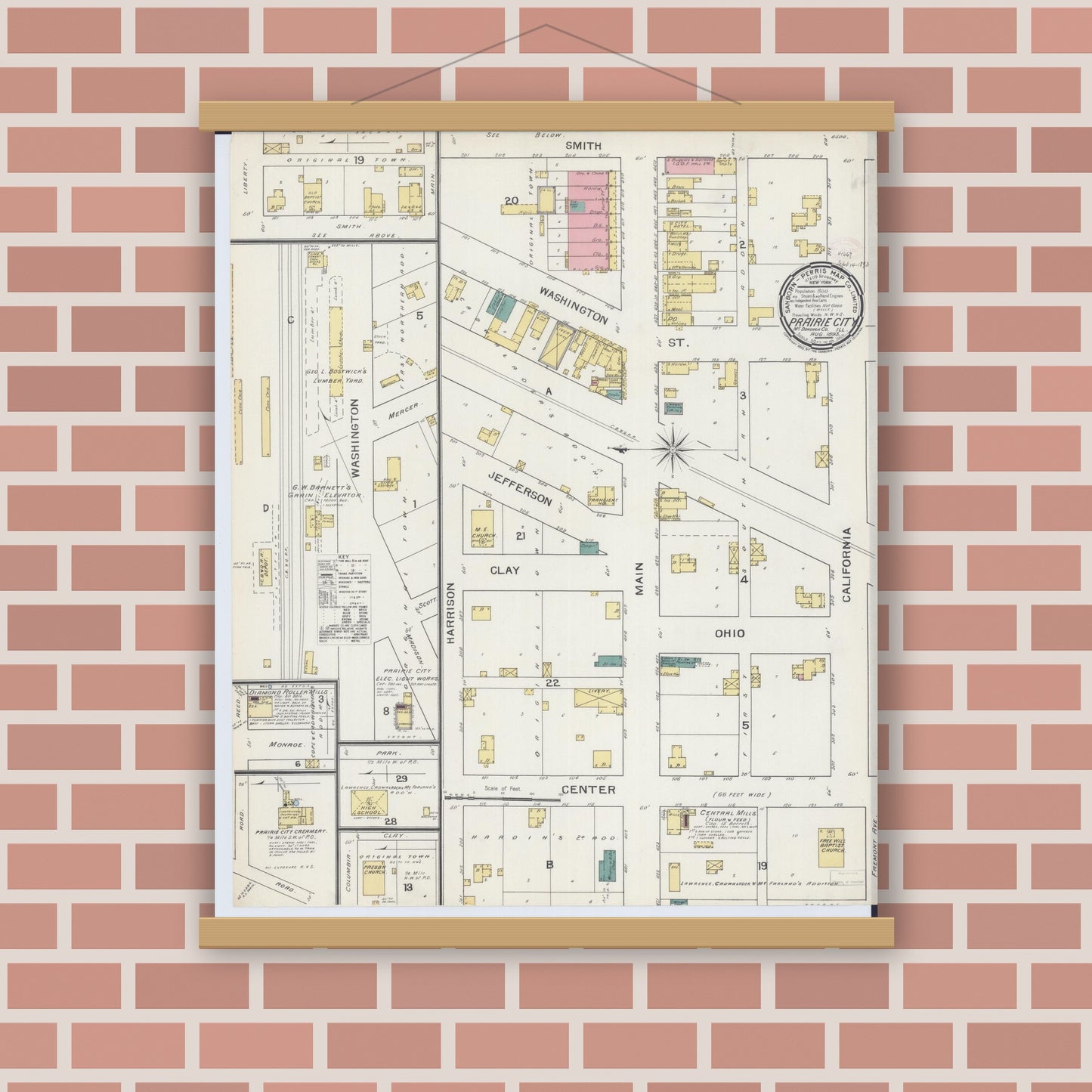 Old map wall art mockup — magnetic wood frame on brick wall — Sanborn Fire Insurance Map from Prairie City, Mcdonough County, Illinois (1893) - Complete Map Set