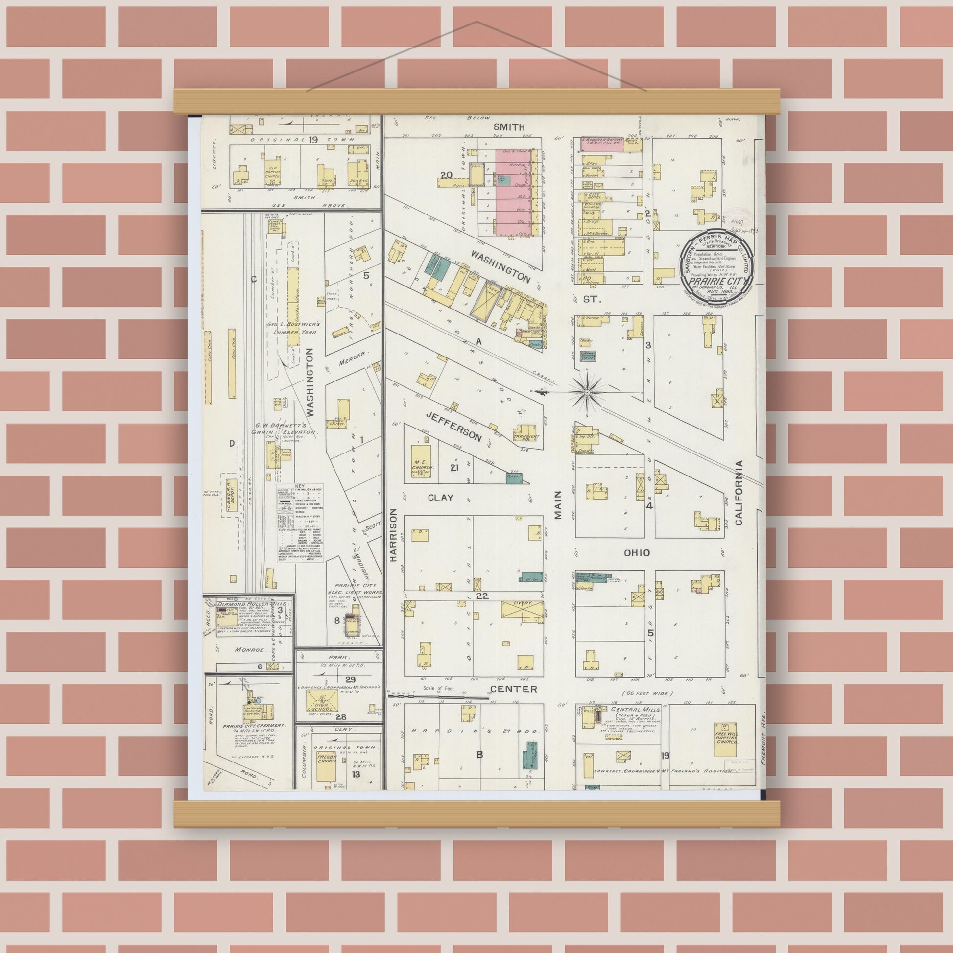 Old map wall art mockup — magnetic wood frame on brick wall — Sanborn Fire Insurance Map from Prairie City, Mcdonough County, Illinois (1893) - Complete Map Set