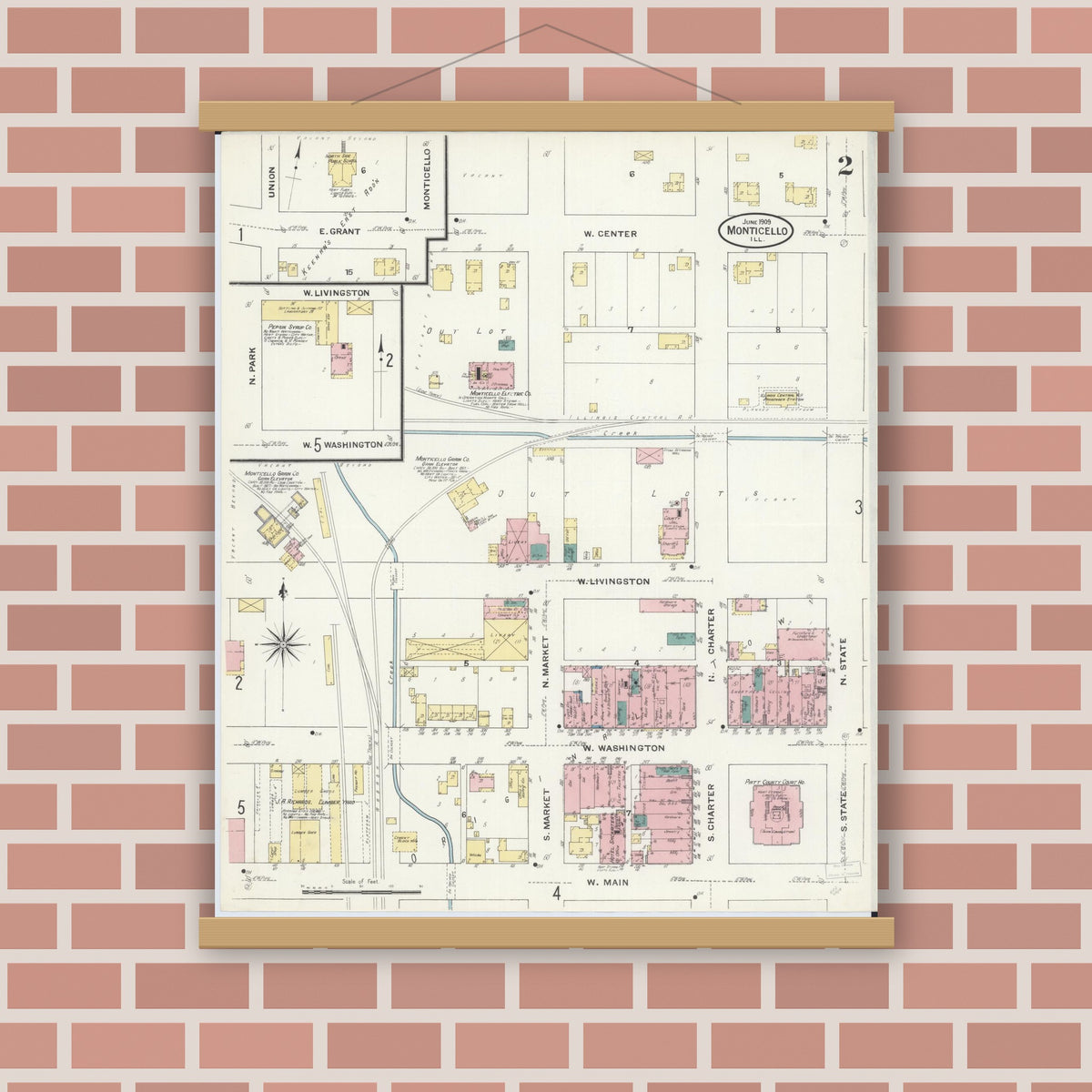 Old map wall art mockup — magnetic wood frame on brick wall — Sanborn Fire Insurance Map from Monticello, Piatt County, Illinois (1909), Sheet #0002