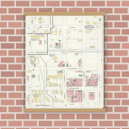 Old map wall art mockup — magnetic wood frame on brick wall — Sanborn Fire Insurance Map from Monticello, Piatt County, Illinois (1909), Sheet #0002