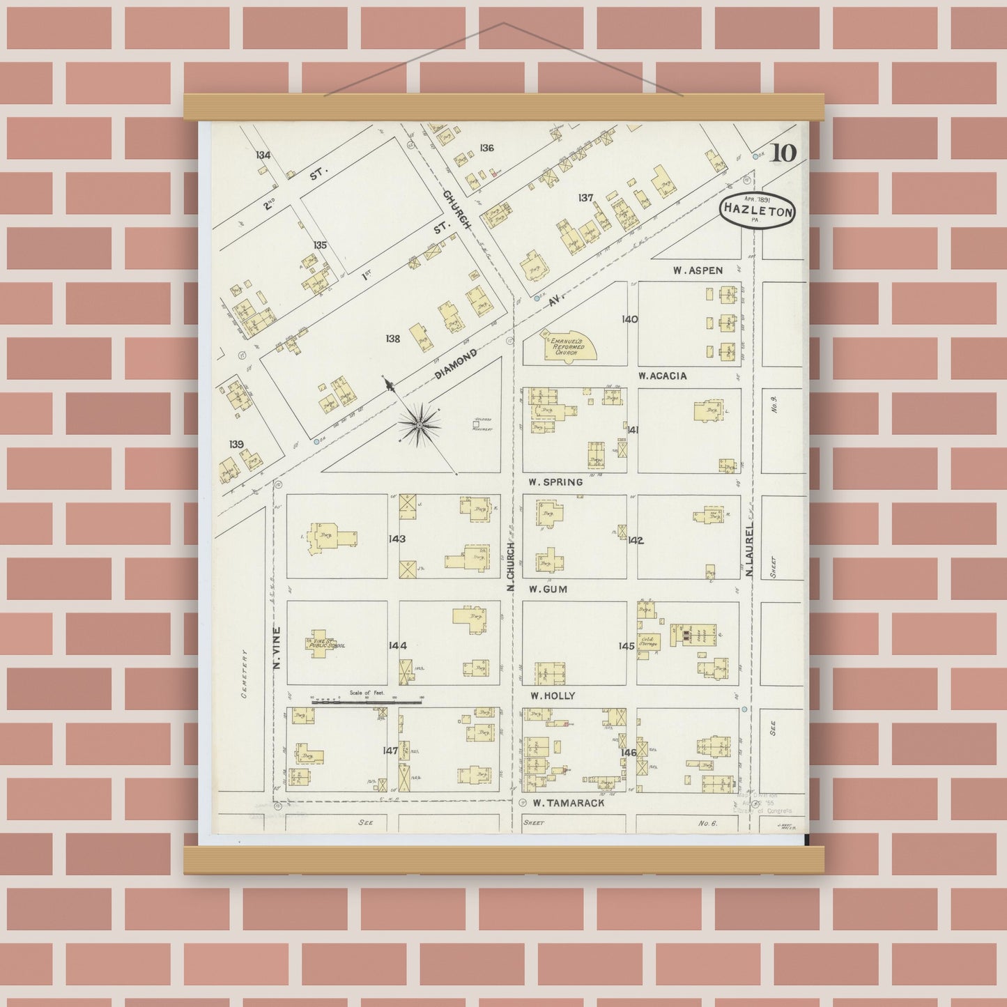 Old map wall art mockup — magnetic wood frame on brick wall — Sanborn Fire Insurance Map from Hazleton, Luzerne County, Pennsylvania (1891), Sheet #0010
