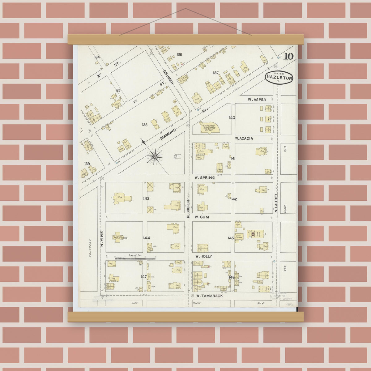 Old map wall art mockup — magnetic wood frame on brick wall — Sanborn Fire Insurance Map from Hazleton, Luzerne County, Pennsylvania (1891), Sheet #0010