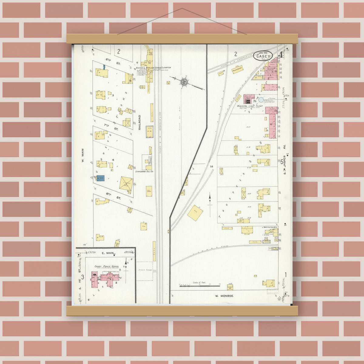 Old map wall art mockup — magnetic wood frame on brick wall — Sanborn Fire Insurance Map from Casey, Clark County, Illinois (1912), Sheet #0004