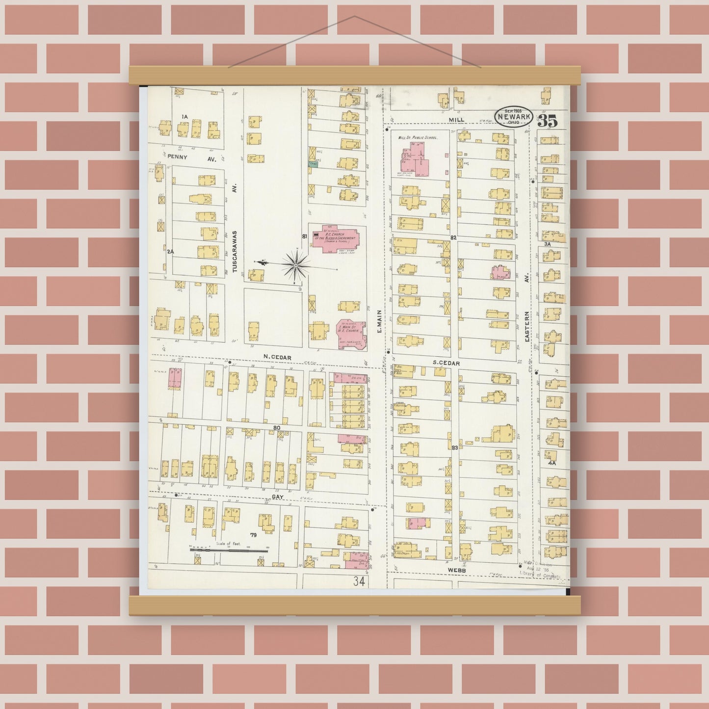 Old map wall art mockup — magnetic wood frame on brick wall — Sanborn Fire Insurance Map from Newark, Licking County, Ohio (1905), Sheet #0035