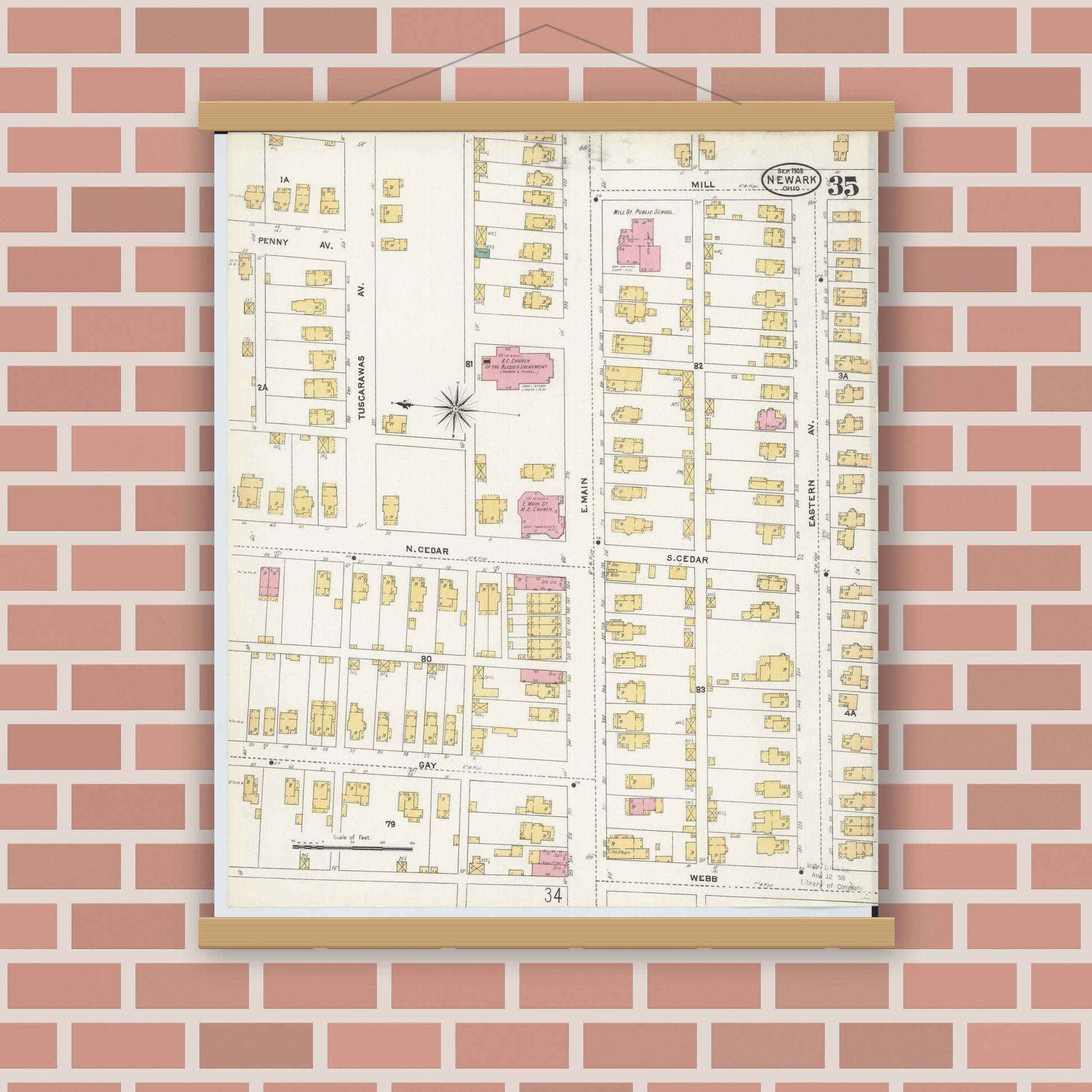 Old map wall art mockup — magnetic wood frame on brick wall — Sanborn Fire Insurance Map from Newark, Licking County, Ohio (1905), Sheet #0035