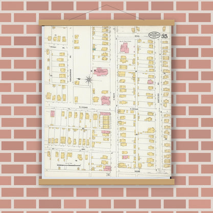 Old map wall art mockup — magnetic wood frame on brick wall — Sanborn Fire Insurance Map from Newark, Licking County, Ohio (1905), Sheet #0035