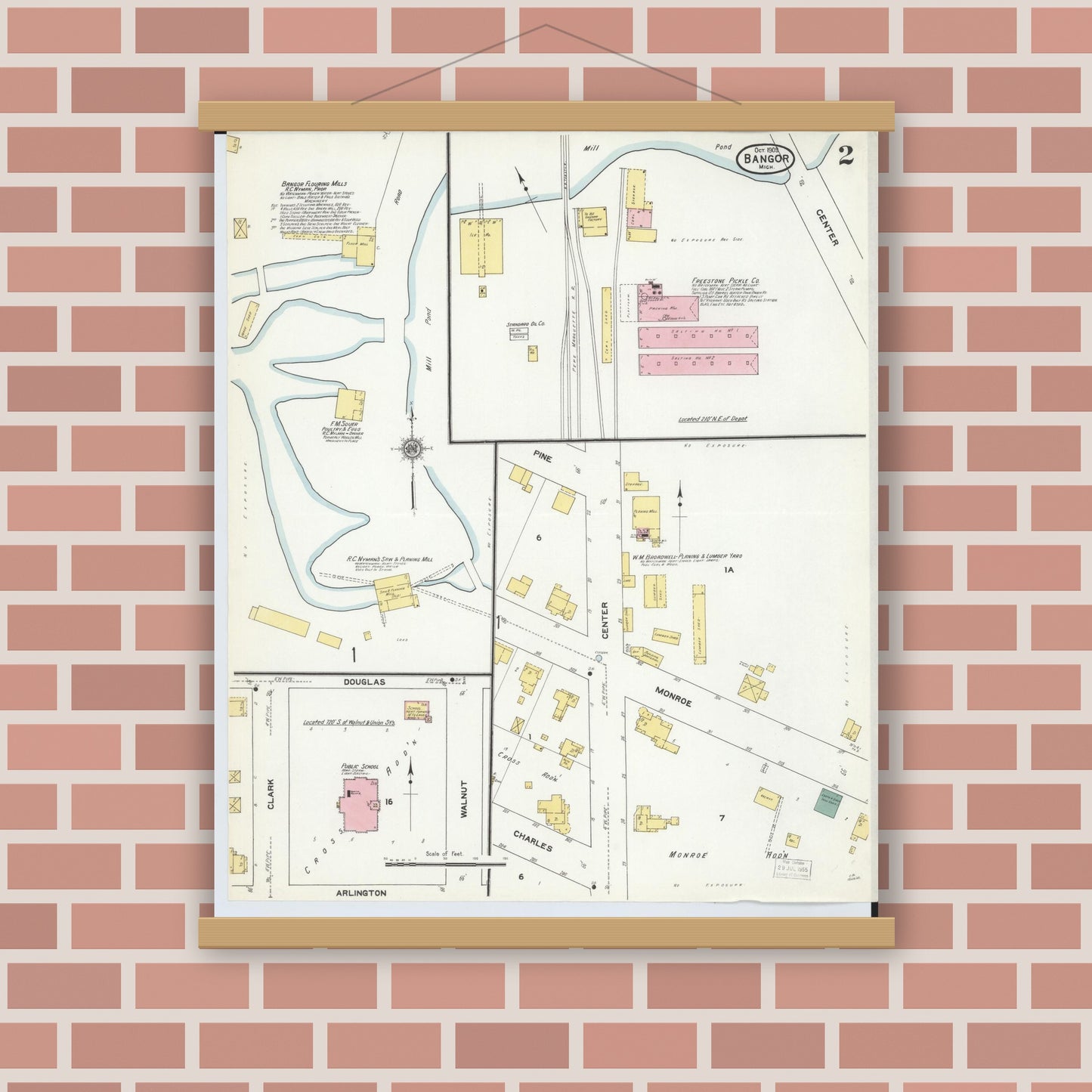 Old map wall art mockup — magnetic wood frame on brick wall — Sanborn Fire Insurance Map from Bangor, Van Buren County, Michigan (1909), Sheet #0002