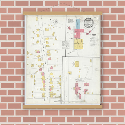 Old map wall art mockup — magnetic wood frame on brick wall — Sanborn Fire Insurance Map from Saint Clairsville, Belmont County, Ohio (1899), Sheet #0001
