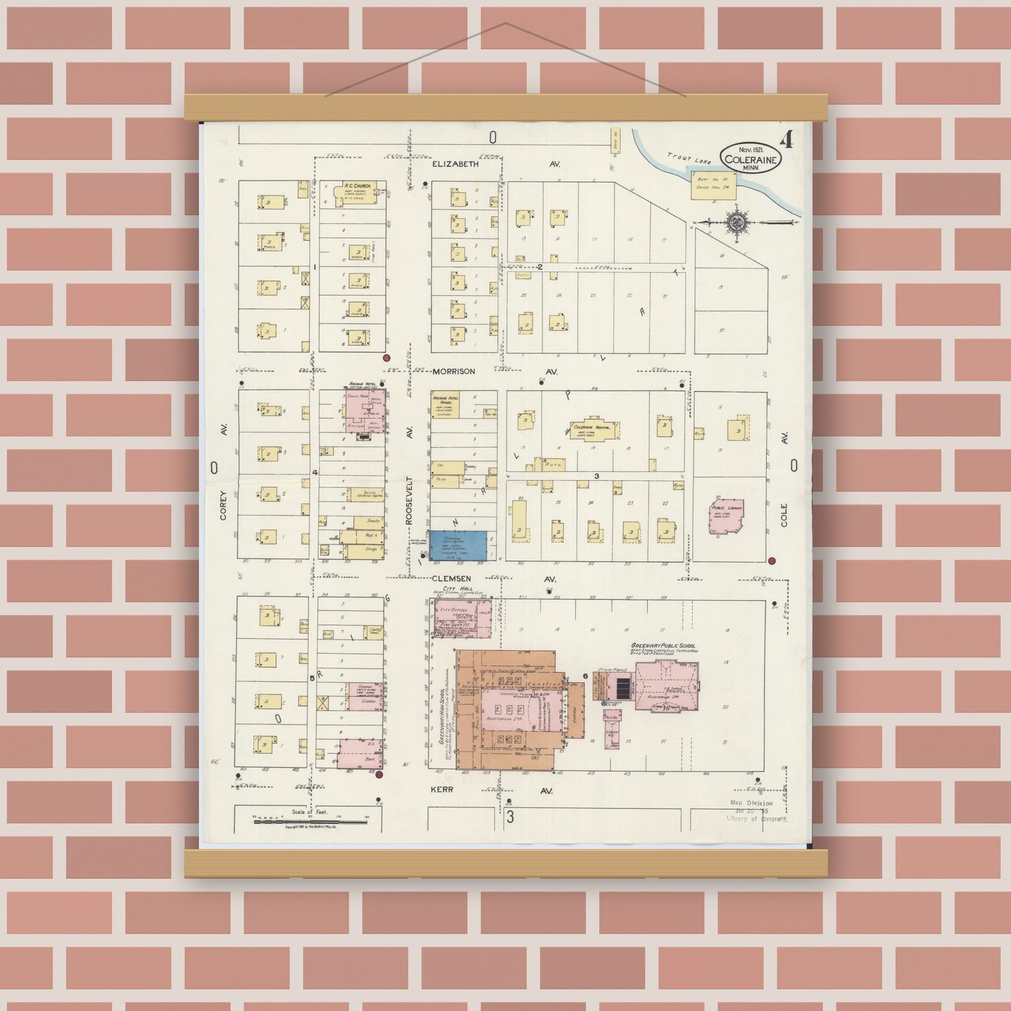 Old map wall art mockup — magnetic wood frame on brick wall — Sanborn Fire Insurance Map from Coleraine, Itasca County, Minnesota (1921), Sheet #0004