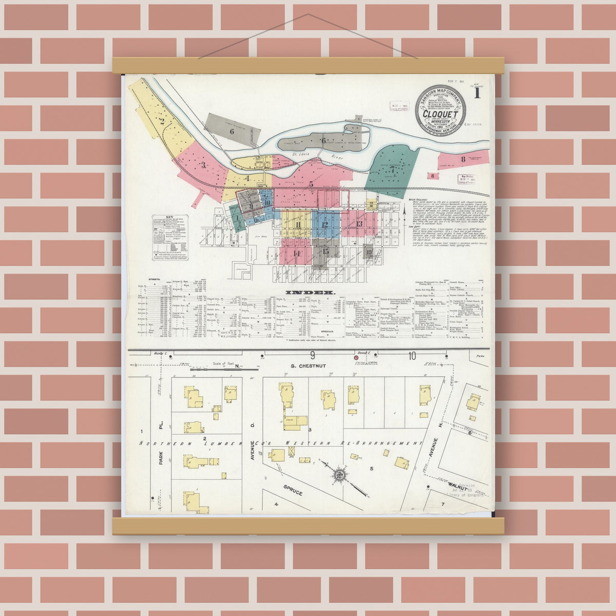 Old map wall art mockup — magnetic wood frame on brick wall — Sanborn Fire Insurance Map from Cloquet, Carlton County, Minnesota (1911) - Complete Map Set