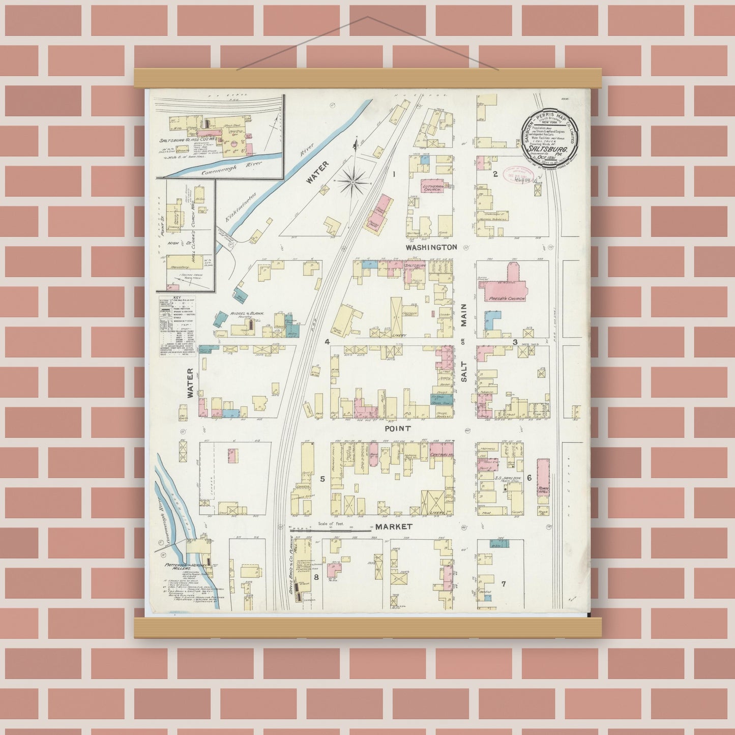 Old map wall art mockup — magnetic wood frame on brick wall — Sanborn Fire Insurance Map from Saltsburg, Indiana County, Pennsylvania (1891), Sheet #0001