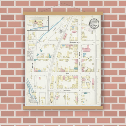 Old map wall art mockup — magnetic wood frame on brick wall — Sanborn Fire Insurance Map from Saltsburg, Indiana County, Pennsylvania (1891), Sheet #0001