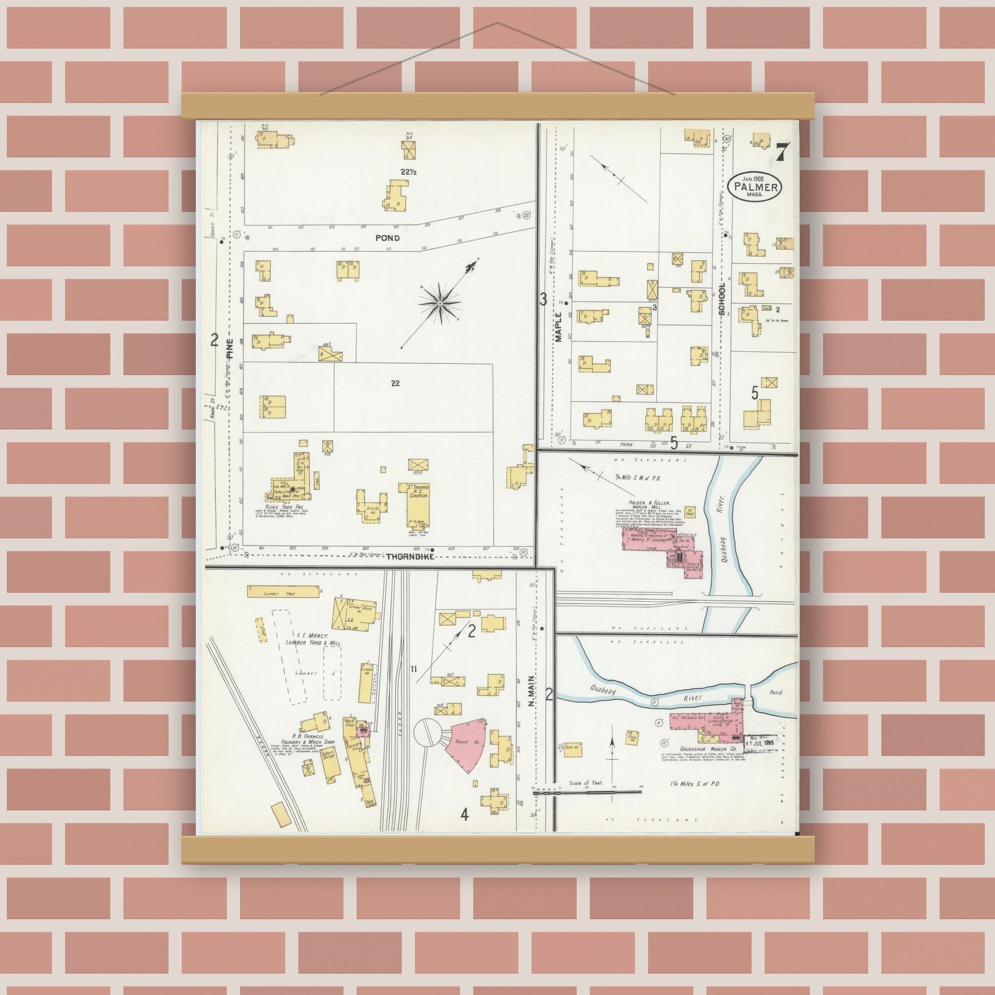 Old map wall art mockup — magnetic wood frame on brick wall — Sanborn Fire Insurance Map from Palmer, Hampden County, Massachusetts (1902), Sheet #0007
