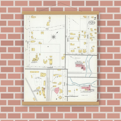 Old map wall art mockup — magnetic wood frame on brick wall — Sanborn Fire Insurance Map from Palmer, Hampden County, Massachusetts (1902), Sheet #0007