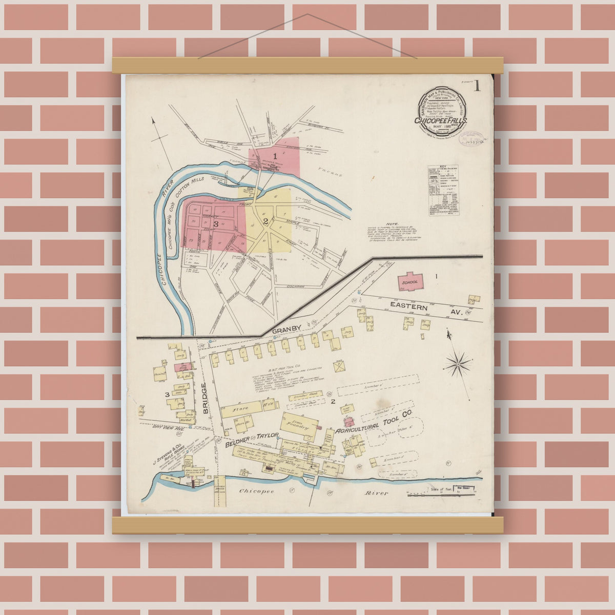 Old map wall art mockup — magnetic wood frame on brick wall — Sanborn Fire Insurance Map from Chicopee Falls, Hampden County, Massachusetts (1885) - Complete Map Set