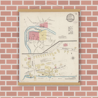 Old map wall art mockup — magnetic wood frame on brick wall — Sanborn Fire Insurance Map from Chicopee Falls, Hampden County, Massachusetts (1885) - Complete Map Set