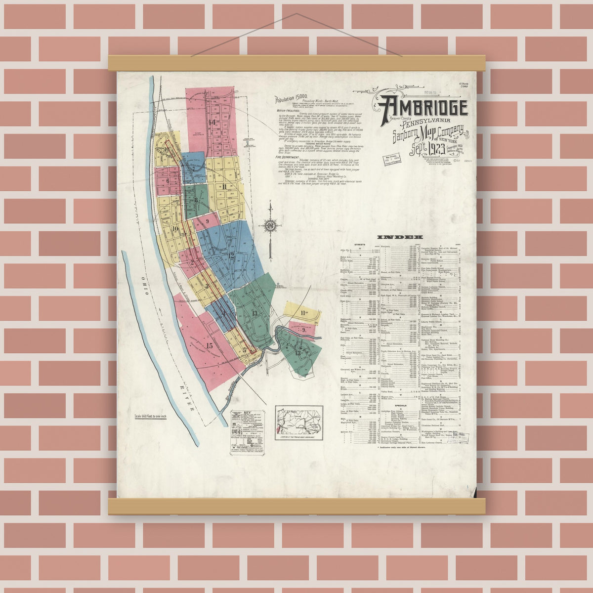 Old map wall art mockup — magnetic wood frame on brick wall — Sanborn Fire Insurance Map from Ambridge, Beaver County, Pennsylvania (1923), Sheet #0001