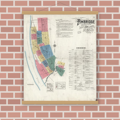 Old map wall art mockup — magnetic wood frame on brick wall — Sanborn Fire Insurance Map from Ambridge, Beaver County, Pennsylvania (1923), Sheet #0001