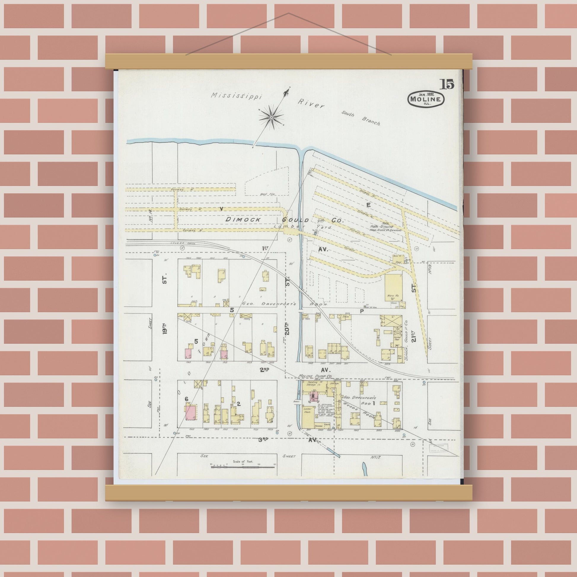 Old map wall art mockup — magnetic wood frame on brick wall — Sanborn Fire Insurance Map from Moline, Rock Island County, Illinois (1892), Sheet #0015