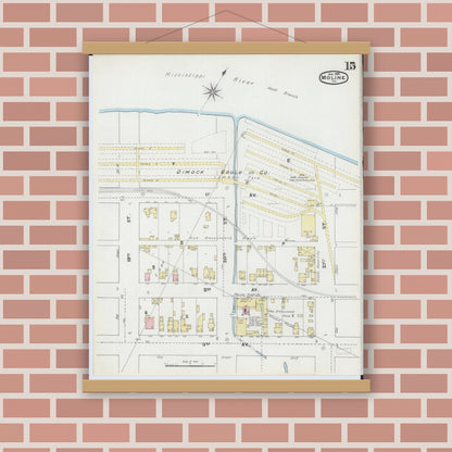 Old map wall art mockup — magnetic wood frame on brick wall — Sanborn Fire Insurance Map from Moline, Rock Island County, Illinois (1892), Sheet #0015