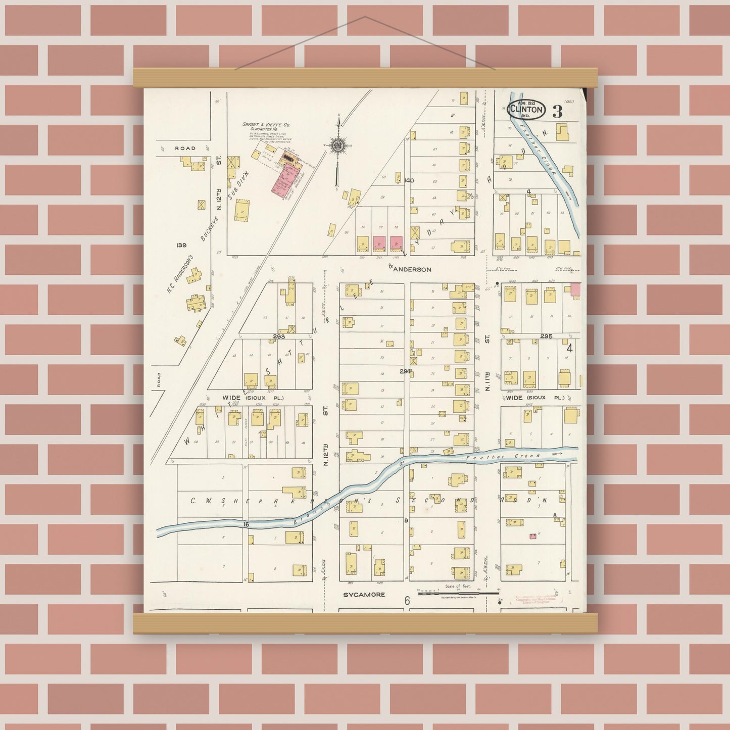 Old map wall art mockup — magnetic wood frame on brick wall — Sanborn Fire Insurance Map from Clinton, Vermillion County, Indiana (1921), Sheet #0003