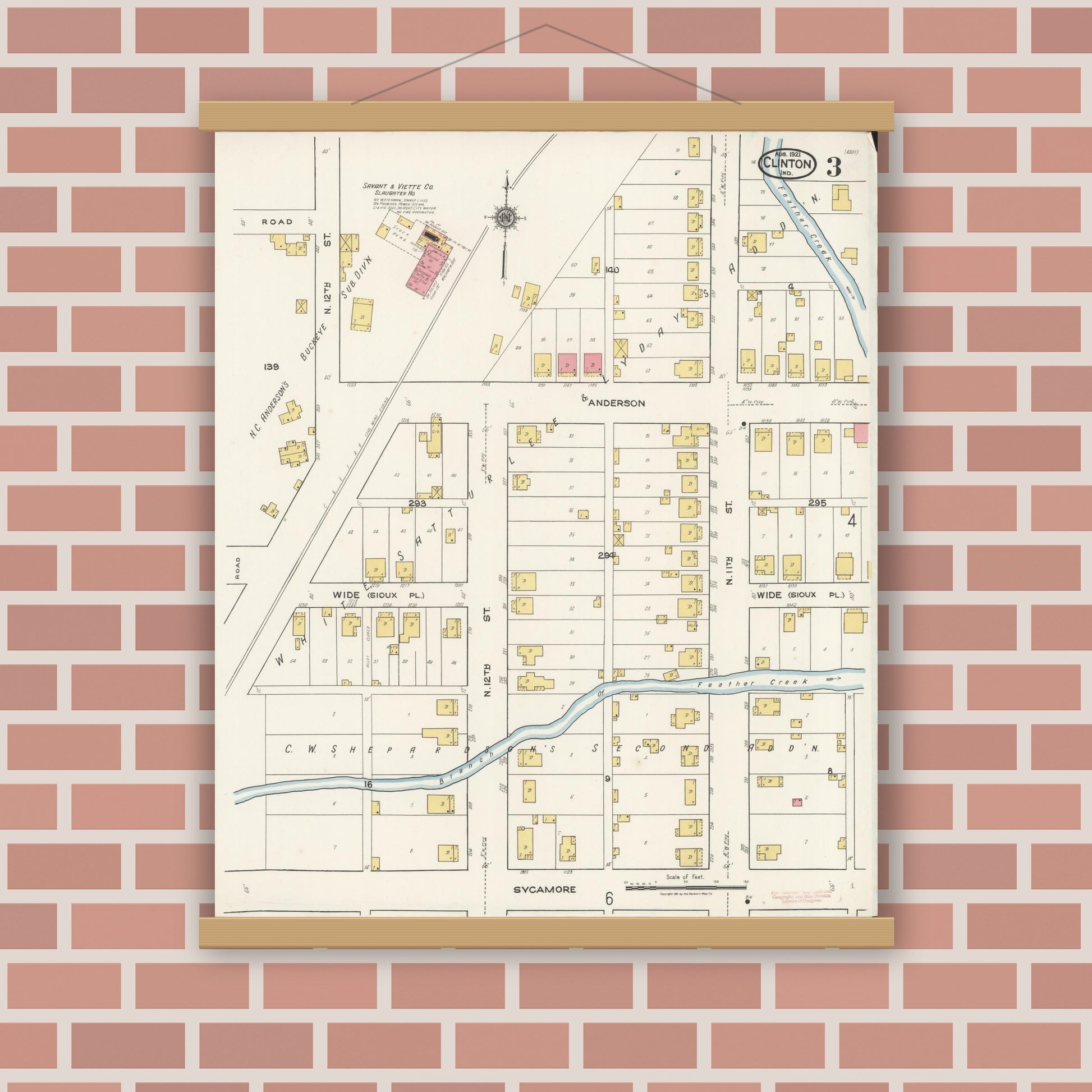 Old map wall art mockup — magnetic wood frame on brick wall — Sanborn Fire Insurance Map from Clinton, Vermillion County, Indiana (1921), Sheet #0003