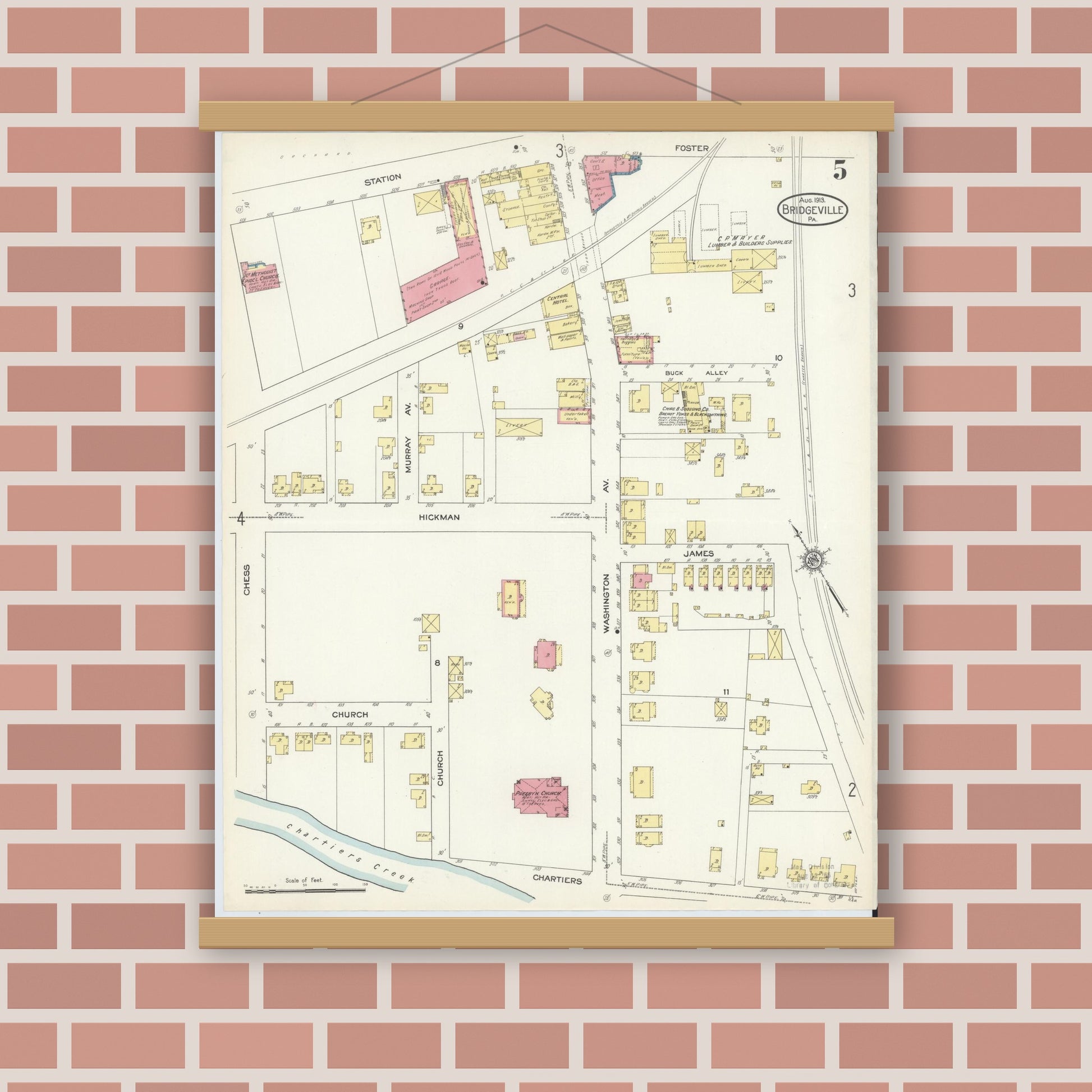 Old map wall art mockup — magnetic wood frame on brick wall — Sanborn Fire Insurance Map from Bridgeville, Allegheny County, Pennsylvania (1913), Sheet #0005