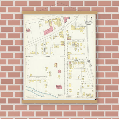 Old map wall art mockup — magnetic wood frame on brick wall — Sanborn Fire Insurance Map from Bridgeville, Allegheny County, Pennsylvania (1913), Sheet #0005