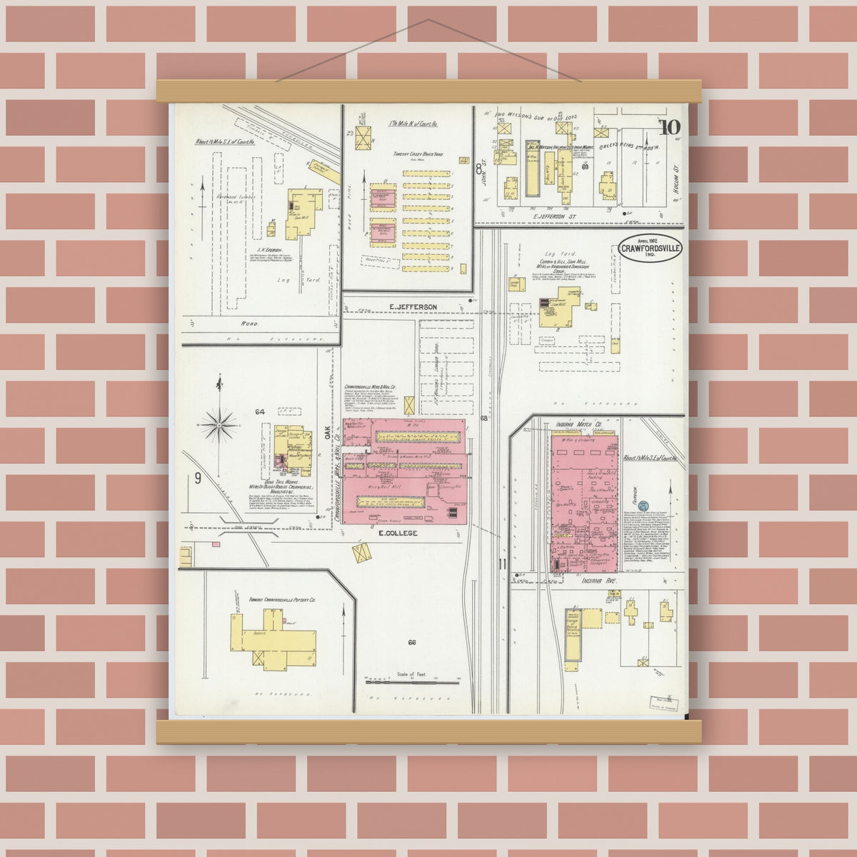 Old map wall art mockup — magnetic wood frame on brick wall — Sanborn Fire Insurance Map from Crawfordsville, Montgomery County, Indiana (1902), Sheet #0010