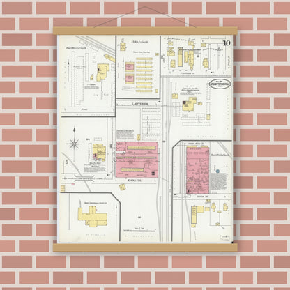 Old map wall art mockup — magnetic wood frame on brick wall — Sanborn Fire Insurance Map from Crawfordsville, Montgomery County, Indiana (1902), Sheet #0010
