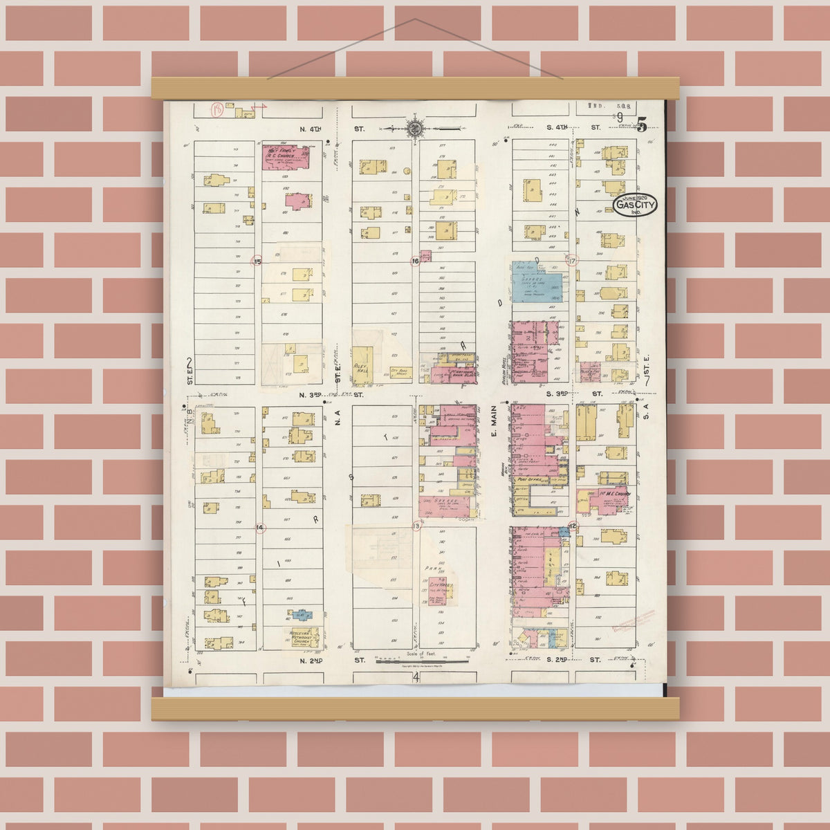 Old map wall art mockup — magnetic wood frame on brick wall — Sanborn Fire Insurance Map from Gas City, Grant County, Indiana (1932), Sheet #0005