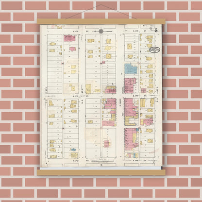 Old map wall art mockup — magnetic wood frame on brick wall — Sanborn Fire Insurance Map from Gas City, Grant County, Indiana (1932), Sheet #0005