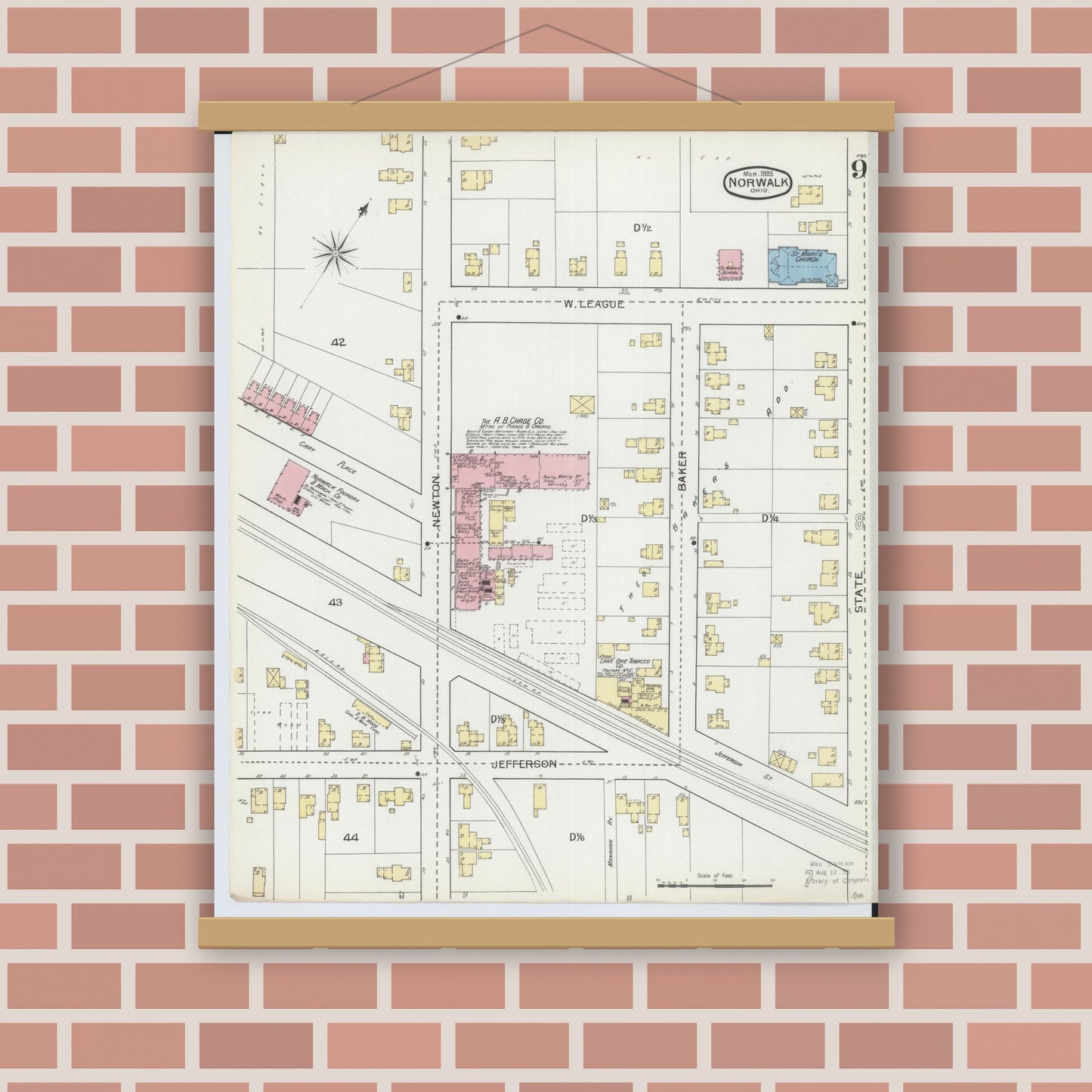 Old map wall art mockup — magnetic wood frame on brick wall — Sanborn Fire Insurance Map from Norwalk, Huron County, Ohio (1893), Sheet #0009