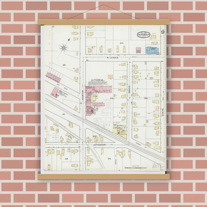 Old map wall art mockup — magnetic wood frame on brick wall — Sanborn Fire Insurance Map from Norwalk, Huron County, Ohio (1893), Sheet #0009