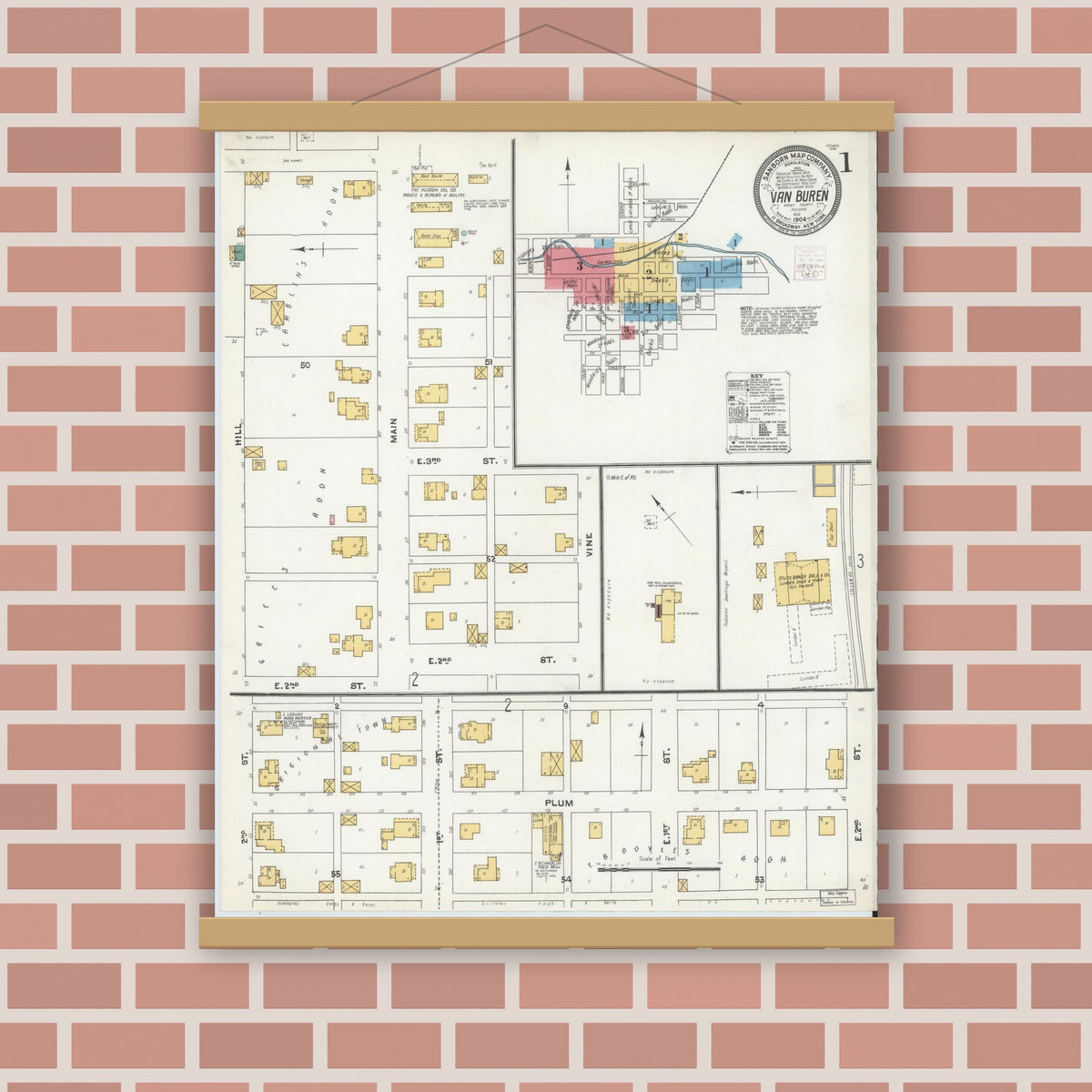 Old map wall art mockup — magnetic wood frame on brick wall — Sanborn Fire Insurance Map from Van Buren, Grant County, Indiana (1904), Sheet #0001