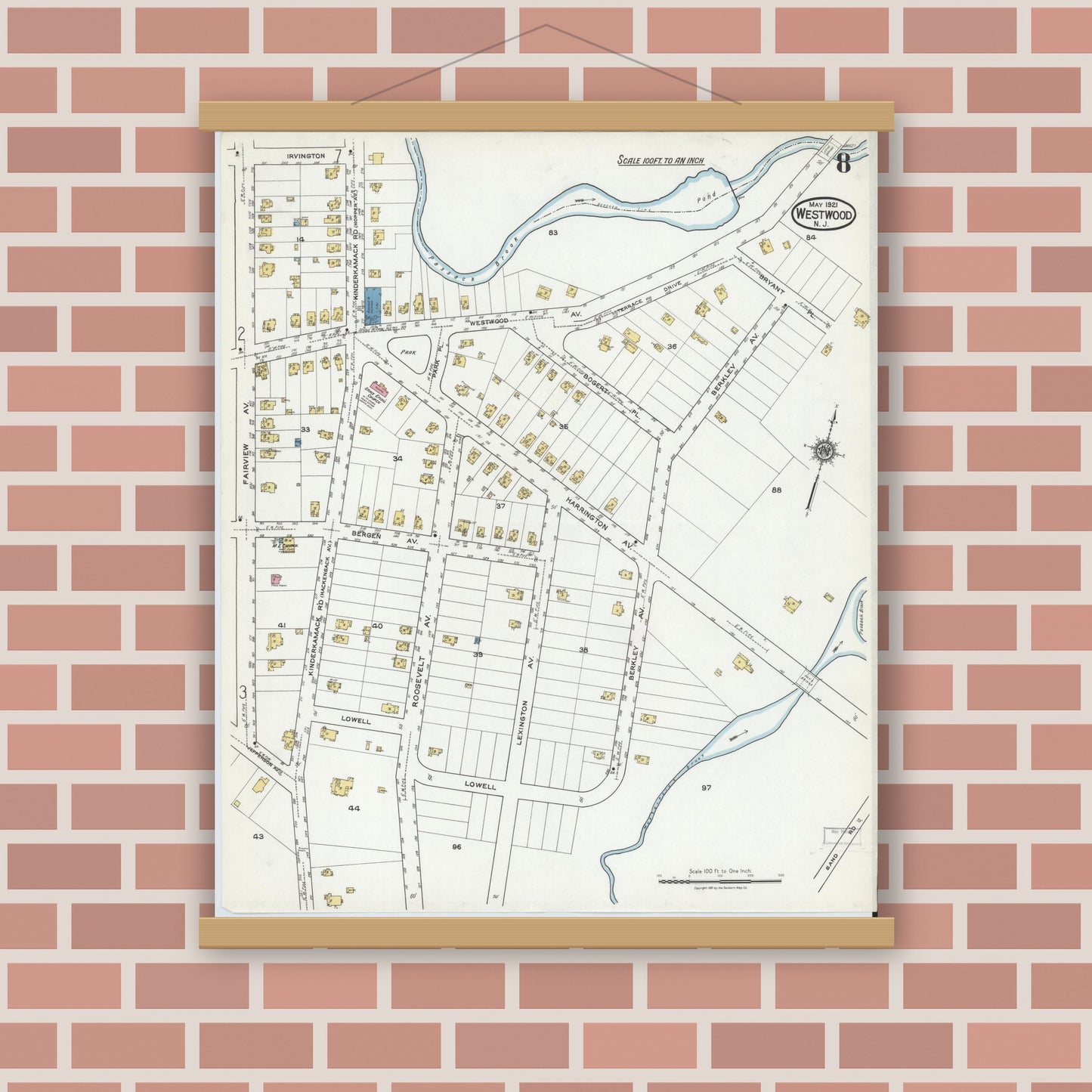 Old map wall art mockup — magnetic wood frame on brick wall — Sanborn Fire Insurance Map from Westwood, Bergen County, New Jersey (1921), Sheet #0008