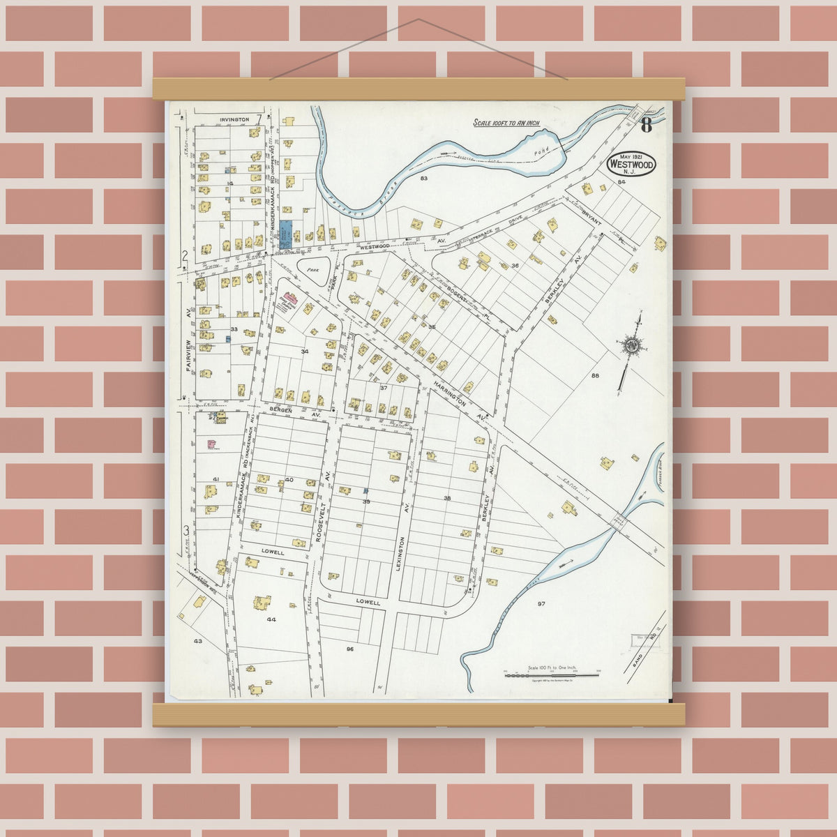 Old map wall art mockup — magnetic wood frame on brick wall — Sanborn Fire Insurance Map from Westwood, Bergen County, New Jersey (1921), Sheet #0008