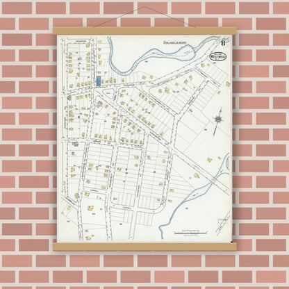 Old map wall art mockup — magnetic wood frame on brick wall — Sanborn Fire Insurance Map from Westwood, Bergen County, New Jersey (1921), Sheet #0008