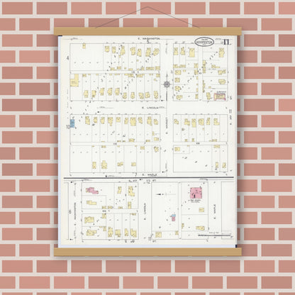 Old map wall art mockup — magnetic wood frame on brick wall — Sanborn Fire Insurance Map from Hoopeston, Vermilion County, Illinois (1913), Sheet #0011